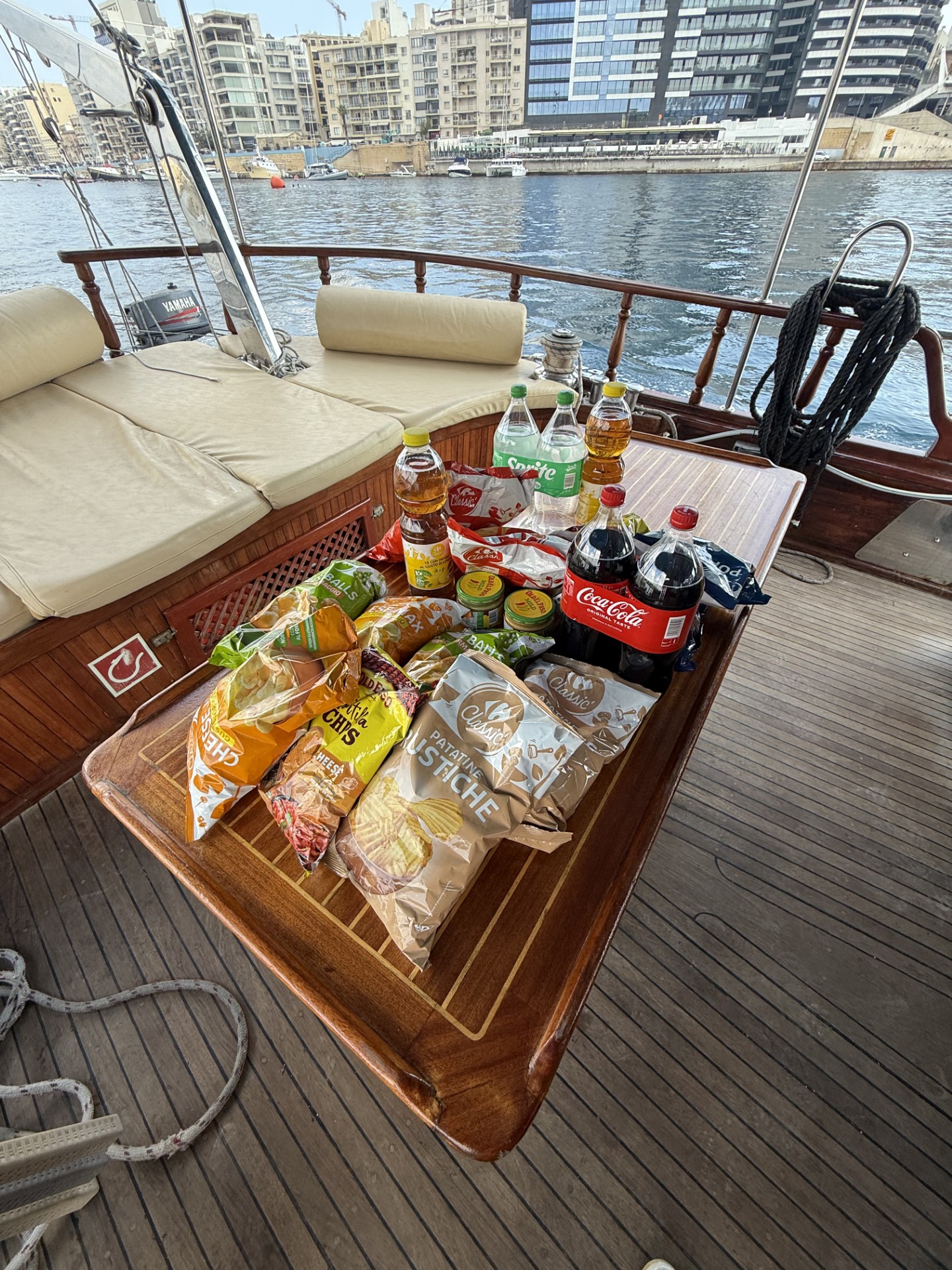 Snacks and drinks aboard the gullet at Sliema harbour