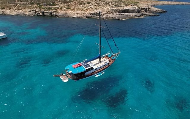 Aerial drone shot of our private gullet in crystal-clear waters